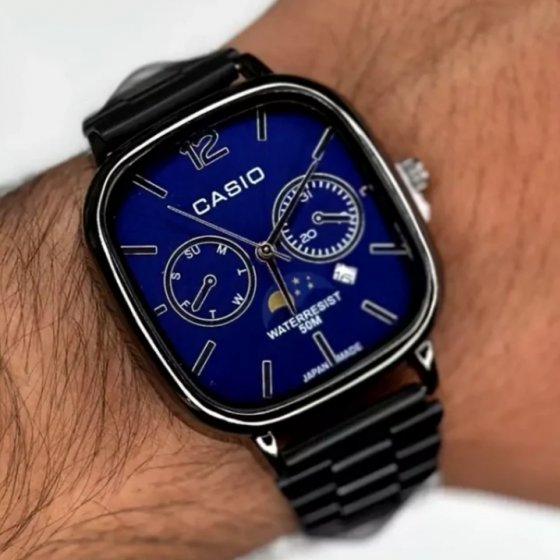 ساعت مچی مردانه کاسیو مربعی casio کلاسیک بند استیل مشکی صفحه نمایش سورمه ایی طرح دو موتوره تقویم دار+باطری اضافی کد9301