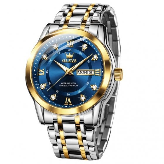 ساعت مچی مردانه اولوز OLEVS اورجینال (اصلی ) الماسی بند استیل دو رنگ صفحه نمایش سورمه ایی +باطری اضافی کد 9303