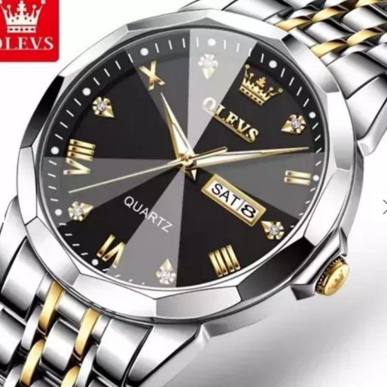 ساعت مچی زنانه اولوز OLEVS اورجینال (اصلی ) الماسی بند استیل دو رنگ صفحه نمایش مشکی کد 9306