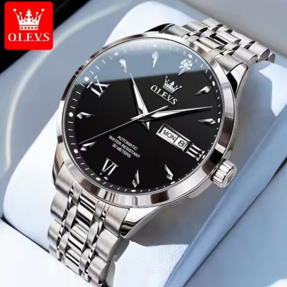 ساعت مچی مردانه اولوز OLEVS بند استیل نقره ایی صفحه نمایش مشکی کیفیت عالی+باطری اضافی کد 9313