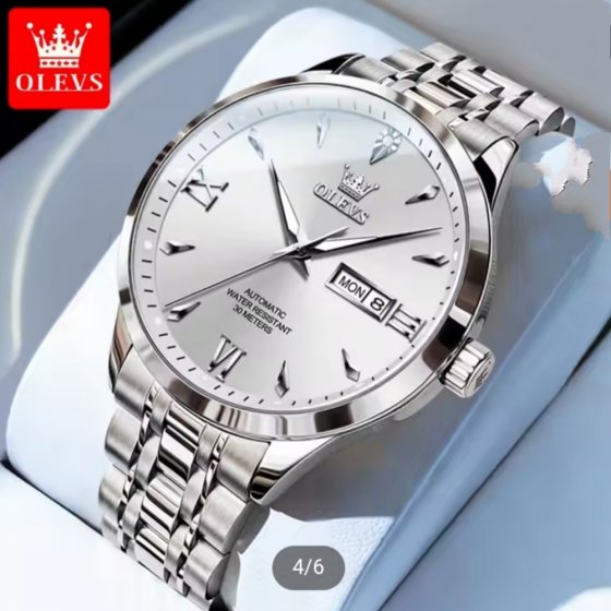 ساعت مچی مردانه اولوز OLEVS بند استیل نقره ایی صفحه نمایش سفید کیفیت عالی+باطری اضافی کد 9314