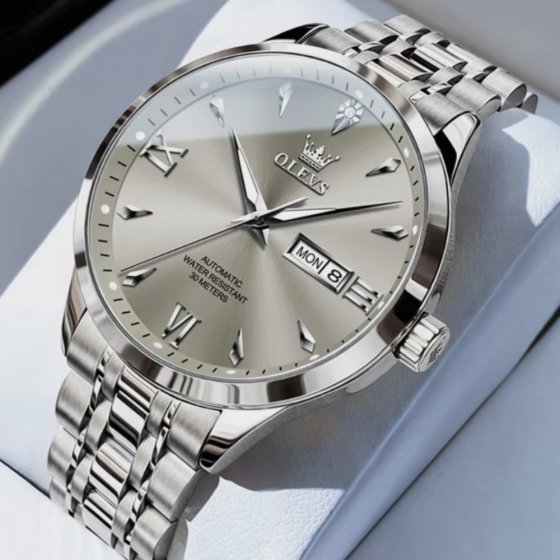 ساعت مچی مردانه اولوز OLEVS بند استیل نقره ایی صفحه نمایش طوسی کیفیت عالی+باطری اضافی کد 9315