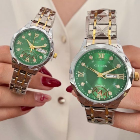 ساعت مچی  مردانه  سیتیزن Citizen بند استیل دو رنگ نقره ایی و طلایی صفحه نمایش سبز+باطری اضافی کد9323