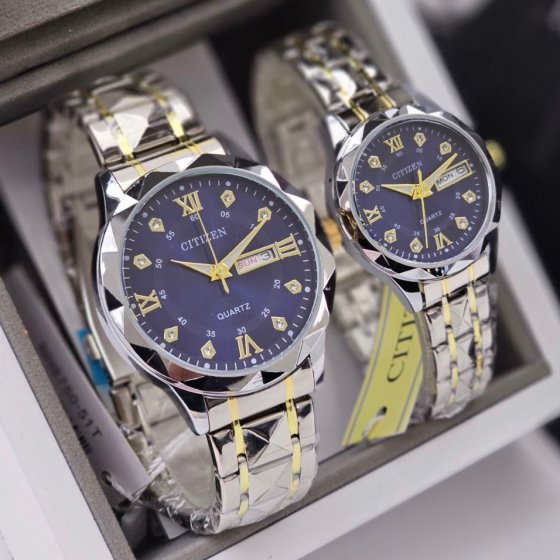 ساعت مچی ست مردانه و زنانه سیتیزن Citizen بند استیل دو رنگ نقره ایی و طلایی صفحه نمایش سورمه ایی+باطری اضافی کد9324