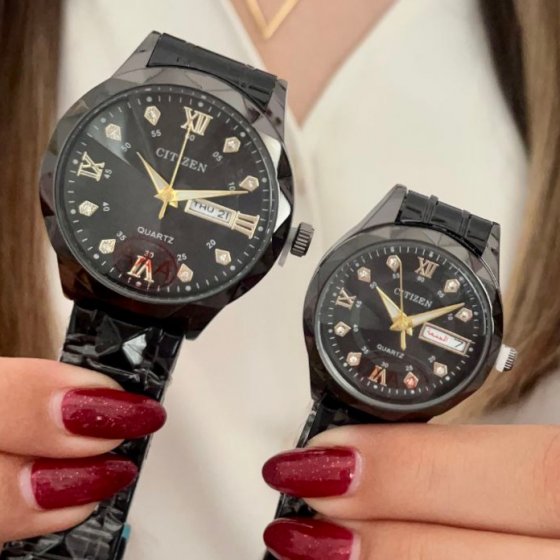 ساعت مچی ست مردانه و زنانه سیتیزن Citizen بند استیل مشکی صفحه نمایش مشکی+باطری اضافی کد9325