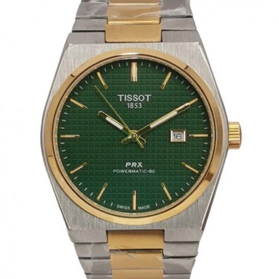 ساعت مچی مردانه تیسوت Tissot بند استیل دو رنگ طلایی و نقره ایی صفحه نمایش سبز شیک+باطری اضافی کد 9416