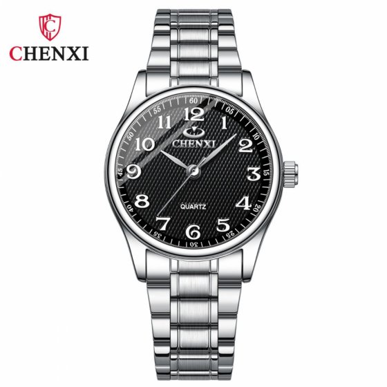 ساعت مچی زنانه چانگ شی CHENXI بند استیل نقره ایی صفحه نمایش مشکی /ضداب+باطری اضافی کد 9422