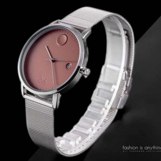 ساعت مچی مردانه حصیری ساده جذاب یک سال گارانتی بند استیل صفحه نمایش گرد صورتی+باطری اضافی کد9433