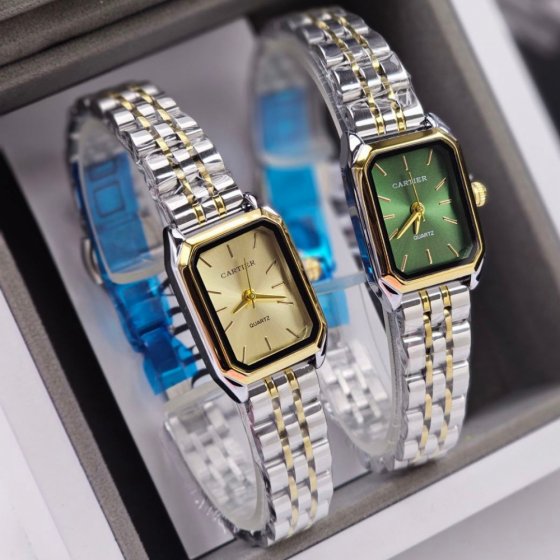 ساعت مچی زنانه کارتیه CARTIER کیفیت عالی بند استیل دو رنگ صفحه نمایش مستطیلی سبز-طلایی+باطری اضافی کد9446