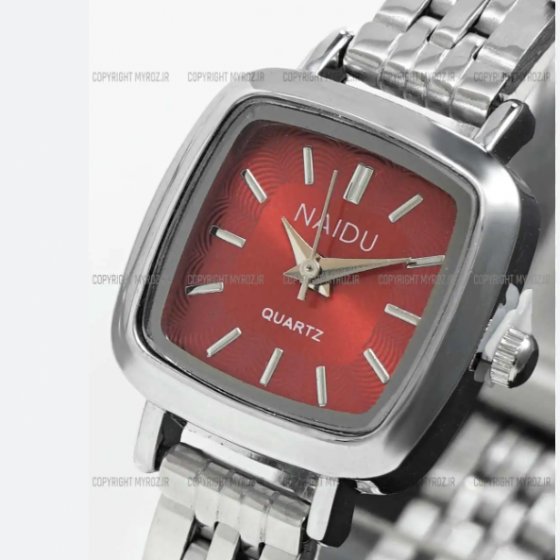 ساعت مچی زنانه نایدو NAIDU بند حصیری استیل نقره ایی مدل صفحه مربعی قرمز+باطری اضافی کد 9458