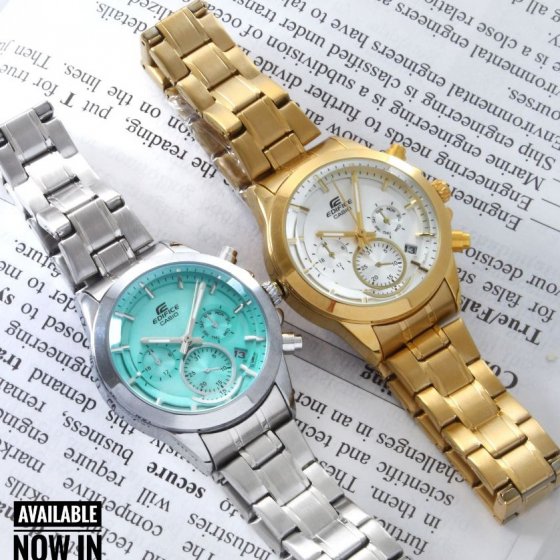 ساعت مچی زنانه  کاسیو Edifice Casio بند استیل نقره ایی/طلایی  شیک صفحه نمایش گرد+باطری اضافی کد9489