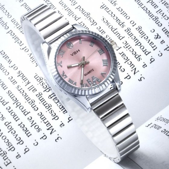 ساعت مچی زنانه Vsh بند استیل نقره ایی ریلی صفحه نمایش گرد صورتی+باطری اضافی کد9513