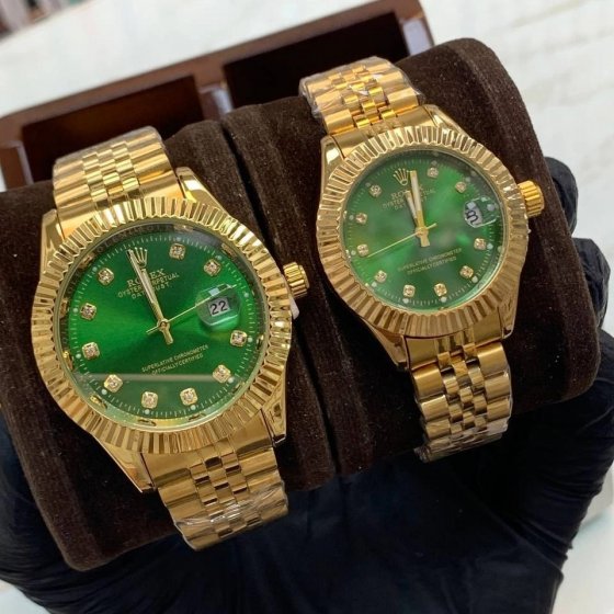 ست ساعت مچی زنانه و مردانه رولکس ROLEX دیت جاست ، صحفه گرد سبز بند استیل طلایی+باطری اضافی کد 9553