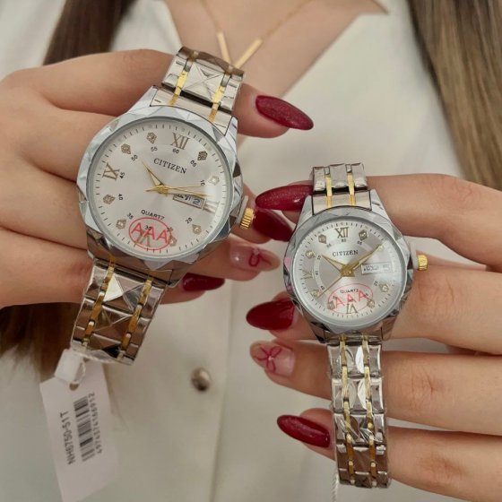 ساعت مچی ست مردانه و زنانه سیتیزن Citizen بند استیل دو رنگ طلایی نقره ایی صفحه نمایش سفید +باطری اضافی کد9409