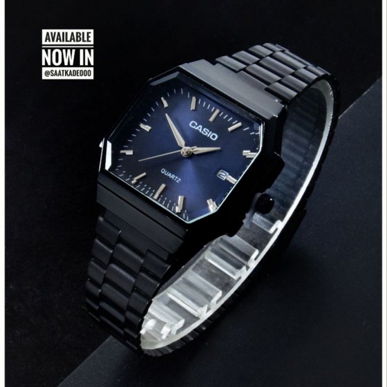 ساعت مچی اسپرت کاسیو casio rubik شیشه کریستال دارای روز شمار بند استیل مشکی صفحه سورمه ایی شیک+باطری اضافی کد9568