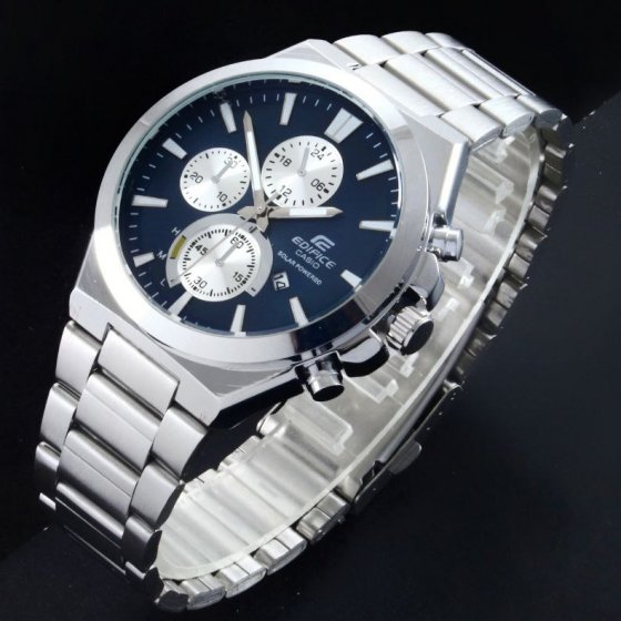 ساعت مچی مردانه کاسیو Edifice Casio بند استیل نقره ایی صفحه نمایش سورمه ایی خص و شیک+باطری اضافی کد9592