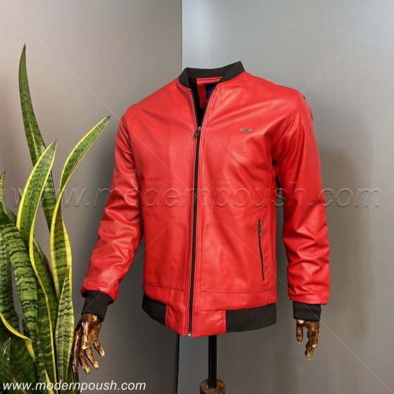 کاپشن زمستانه چرم مردانه  رنگ قرمز پشم شیشه دار کد 9700212