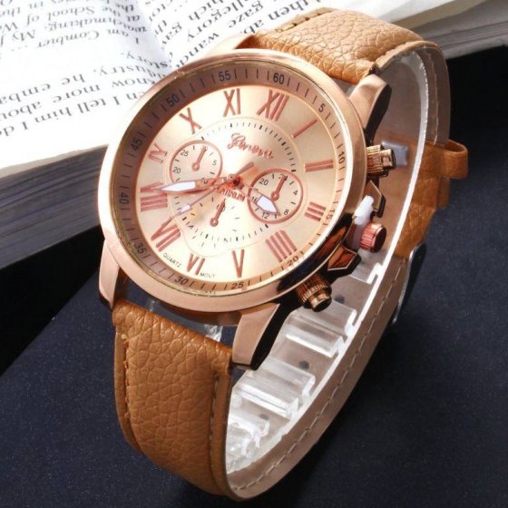 ساعت مچی دخترانه جینوا Geneva بند چرم قهوه ایی+باطری اضافی کد 9613