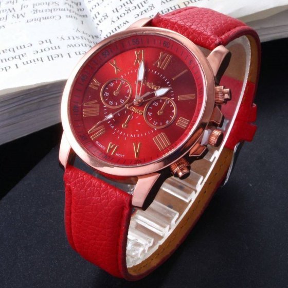 ساعت مچی دخترانه جینوا Geneva بند چرم قرمز+باطری اضافی کد 9614
