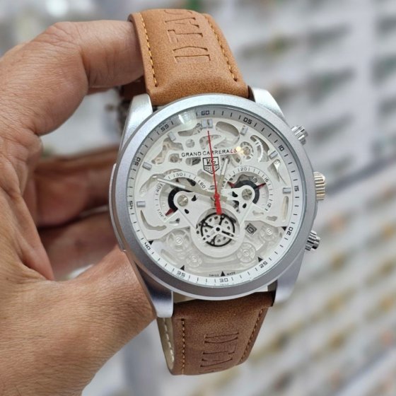 ساعت مچی مردانه تگ هویر TAG Heuer سه موتوره کورنوگراف مدل1099T بند چرم قهوه ایی+باطری اضافی کد9620