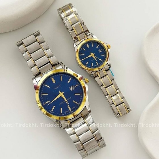 ساعت مچی زنانه عقربه ای کاسیو CASIO صفحه گرد آبی بند استیل دو رنگ طلایی نقره ایی - تک کد 27290