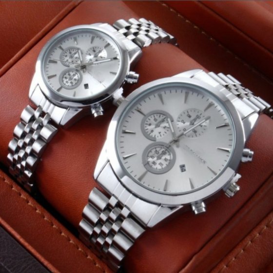 ست ساعت مچی  زنانه و مردانه برند سیتیزن citizen - صفحه سفید بند استیل نقره ای+باطری اضافی کد9652