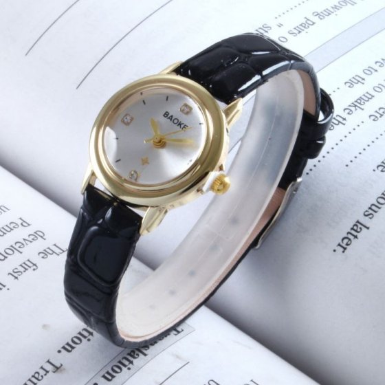 ساعت مچی زنانه و دخترانه مینیمال بند چرم Baoke مشکی صفحه نمایش ظریف فانتزی دور طلایی+باطری اضافی  کد9657