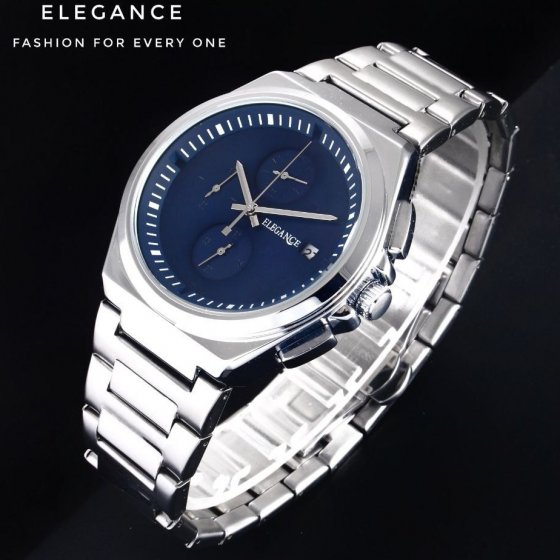 ساعت مچی مردانه شرکتی الگانس Elegance بند استیل نقره ایی 3 موتور فعال صفحه نمایش سورمه ایی شیک و خاص+باطری اضافی کد9686