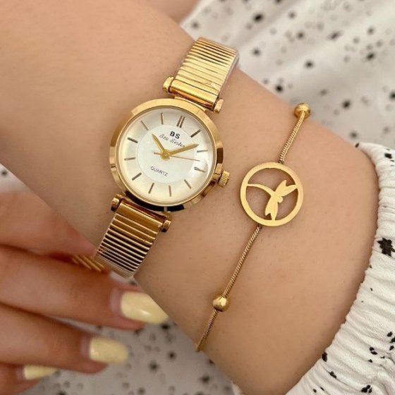 ساعت مچی زنانه طرح نوستالژی زنبوریBee sister بند استیل طلایی ریلی شیک و جدید +باطری اضافی کد 9698