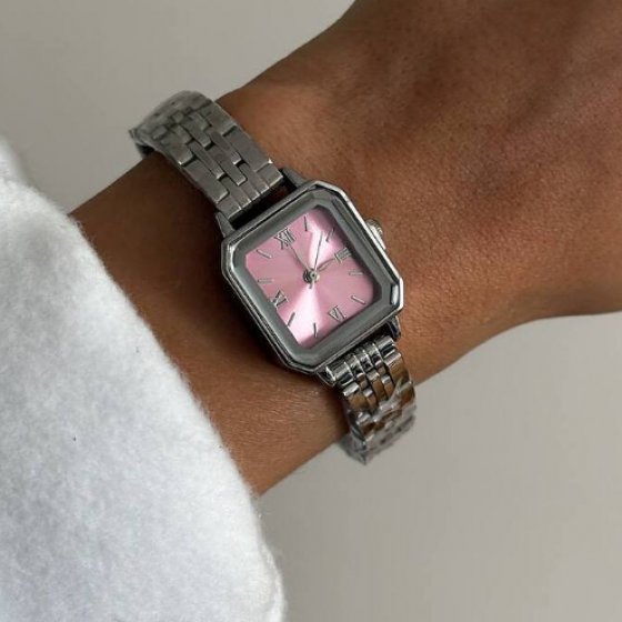 ساعت مچی زنانه و دخترانه نایدو NAIDU بند حصیری استیل نقره ایی مینیمال مستطیلی صورتی+باطری اضافی کد9702