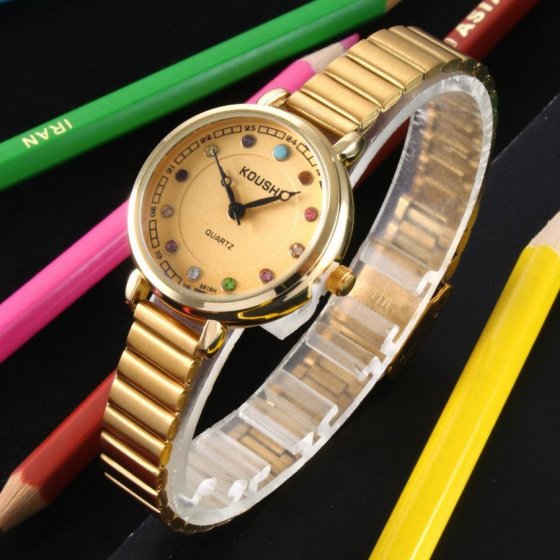 ساعت مچی زنانه کوشی Koushi بند استیل کرکره ایی (کرکره ایی ) طلایی جدید و شیک +باطری اضافی کد9726