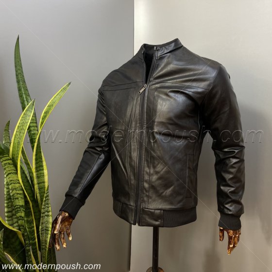 کاپشن زمستانه چرم مردانه رنگ مشکی پشم شیشه دار کد 970023