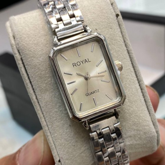 ساعت مچی زنانه رویال مستطیلی سفید بند استیل سیلور+باطری اضافی کد9796