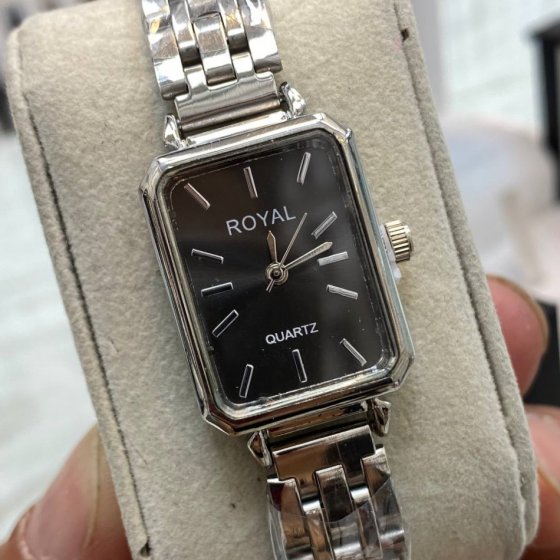 ساعت مچی زنانه رویال مستطیلی مشکی بند استیل سیلور+باطری اضافی کد9802