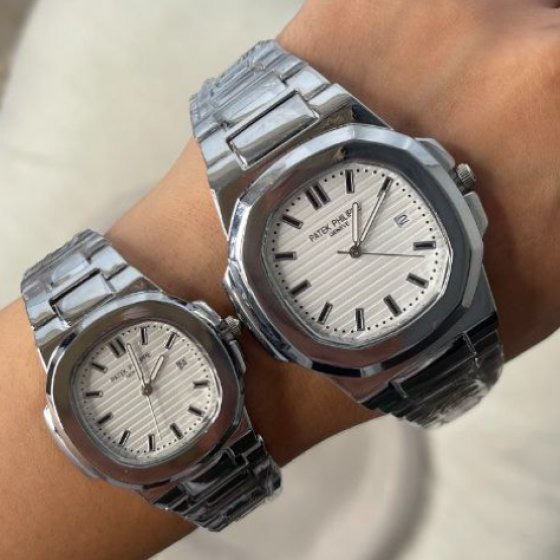 ست ساعت مچی مردانه و زنانه  پتک فیلیپ ناتیلوس سیلور Patek philippe ، بند استیل توپر، های‌کپی لوکس+باطری اضافی کد 9897