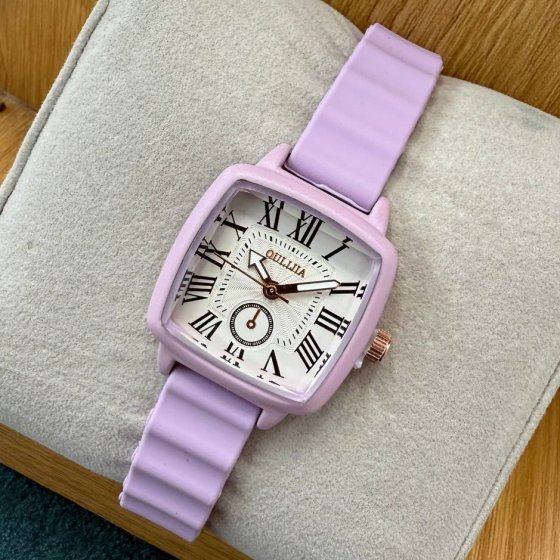 ساعت مچی دخترانه فانتزی الژیا بند رابر(سیلیکونی) ضدحساسیت مربعی بنفش +باطری اضافی کد 9911