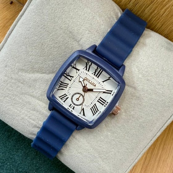 ساعت مچی دخترانه فانتزی الژیا بند رابر(سیلیکونی) ضدحساسیت مربعی سورمه ایی +باطری اضافی کد 9912