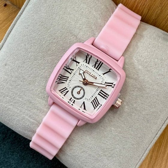 ساعت مچی دخترانه فانتزی الژیا بند رابر(سیلیکونی) ضدحساسیت مربعی صورتی +باطری اضافی کد 9913