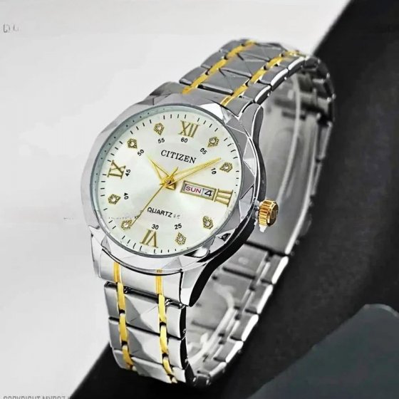 ساعت مچی مردانه سیتیزن Citizen بند استیل دو رنگ طلایی نقره ایی صفحه نمایش سفید +باطری اضافی کد94090