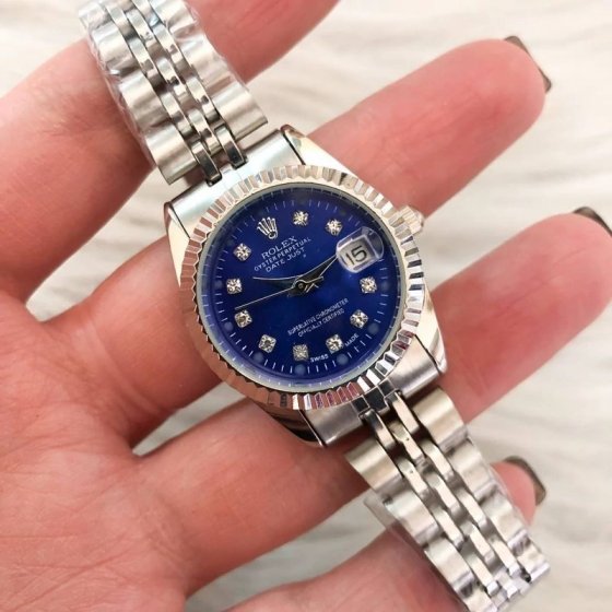 ساعت مچی مردانه و زنانه رولکس دیت جاست Rolex بند استیل نقره ایی صفحه نمایش سورمه ایی شیک +باطری اضافی کد 9965