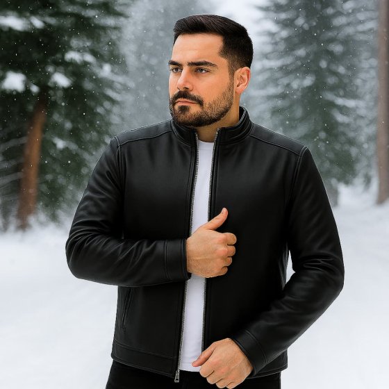 کاپشن چرم اسپرت مشکی مردانه طرح ساده مناسب زمستان (داخل پشم شیشه دار ) کد9984