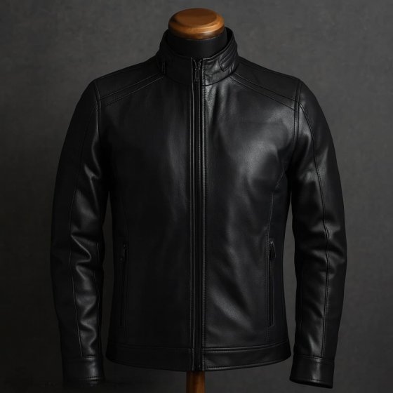 کاپشن چرم مشکی مردانه طرح یقه زیپ دار مناسب زمستان (داخل خز) جدید کد9987