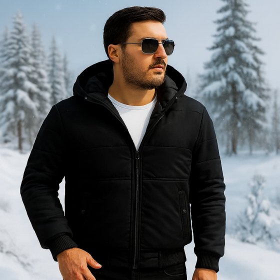 کاپشن کلاه دار مشکی مردانه طرح جدید مناسب زمستان (پشم شیشه دار ) کد9989