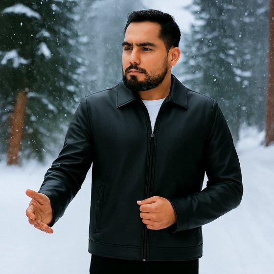 کاپشن چرم مشکی مردانه طرح یقه شکاری مناسب زمستان (داخل پشم شیشه دار ) کد9990