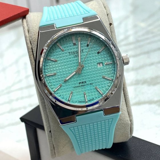 ساعت مچی مردانه تیسوت TISSOT بند رابر PRX فیروزه ایی کد 10108