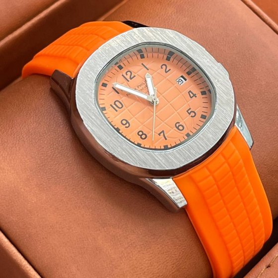 ساعت مردانه جدید طرح پتک فیلیپ patek philippe بند رابر (سیلیکونی) نارنجی +باطری اضافی کد 10123