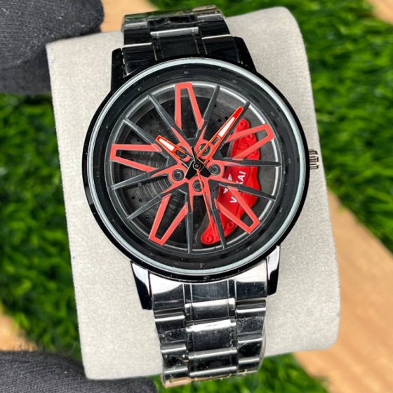 ساعت مچی رینگی اسپرت مردانه رینگ چرخشی بند استیل مشکی کیفیت عالی LETIGO رینگ قرمز+باطری اضافی کد 10129