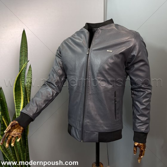 کاپشن  زمستانه چرم مردانه رنگ طوسی خاکستری کد 1224