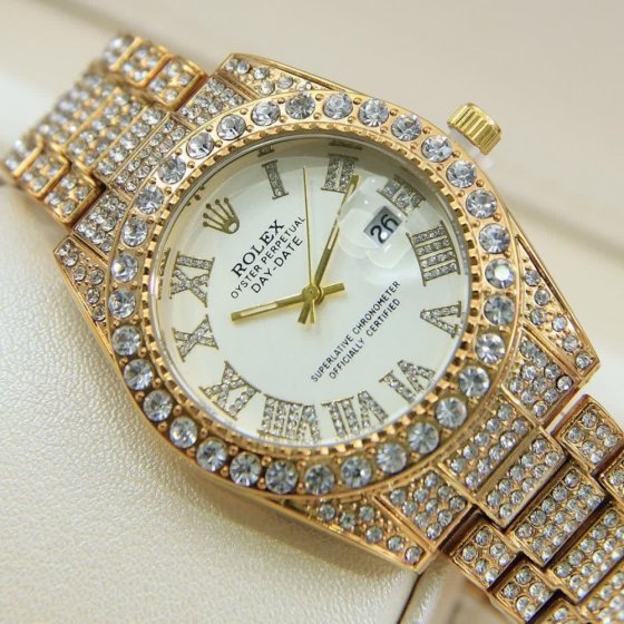 ساعت رولکس فول استون نگین دار بند طلایی صفحه نقره ای ROLEX کد1426