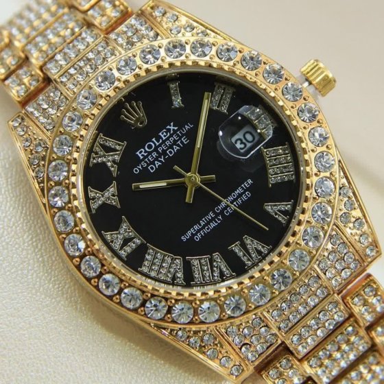 ساعت رولکس فول استون نگین دار بند طلایی صفحه مشکی ROLEX کد1427